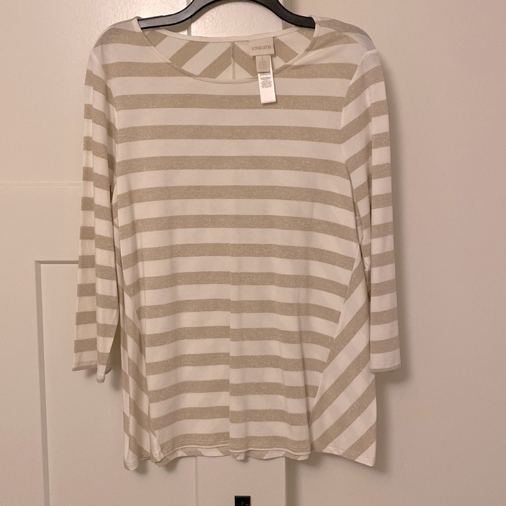 Chicos metallic gold and cream striped 3/4 sleeve shirt